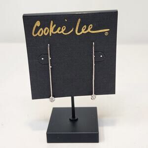 Cookie Lee Silver Tone Dangle CZ Stone Post Earrings Pierced Minimalist Dangle